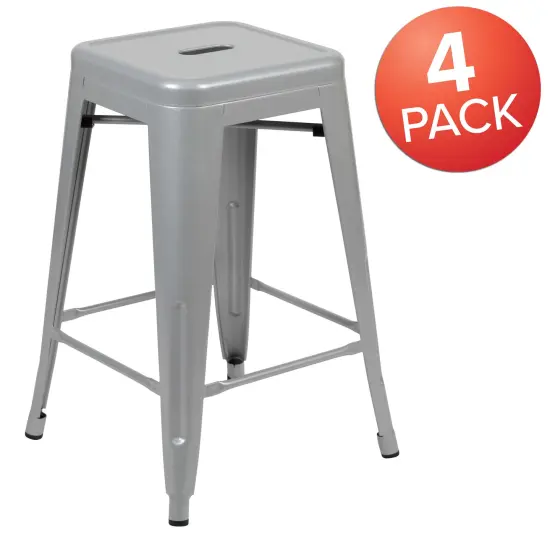 Emma and Oliver 4 Pack 24" High Metal Indoor Counter Bar Stool - Stackable Stool Silver {4}
