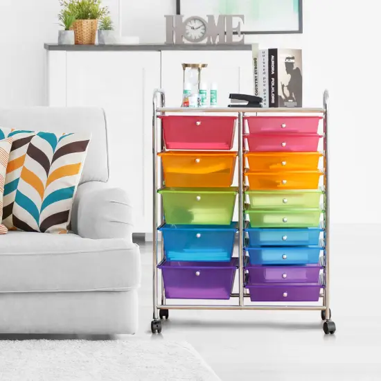Costway 15 Drawer Rolling Storage Cart Tools Scrapbook Paper Office School Organizer Colorful {3}