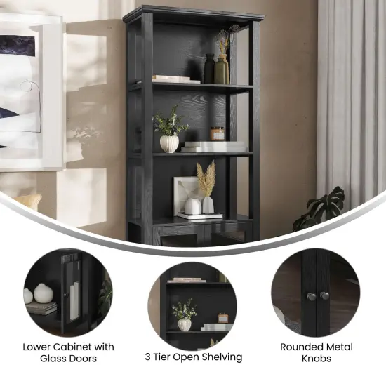 Merrick Lane Omaha Modern Farmhouse Storage Cabinet Bookcase, Glass Doors and Open Shelves Black {2}