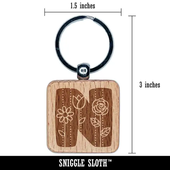 Sweet and Cute Flowers Rounded Block Letter N Engraved Wood Square Keychain Tag Charm {2}