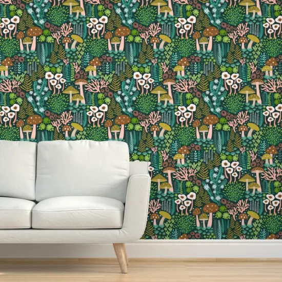 Peel & Stick Wallpaper 2FT Wide Green Mossy Mushrooms Woodland Botanical Lichen Nature Whimsical Teal Custom Removable Wallpaper by Spoonflower {5}