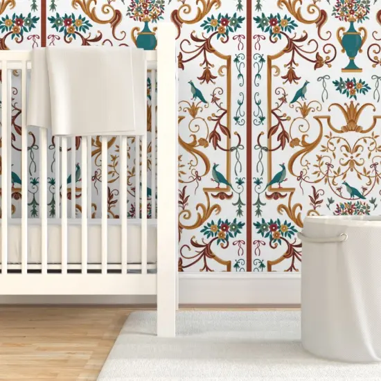 Pre-Pasted Wallpaper 2FT Wide White Floral Birds Ribbons Vase Italian Naples Baroque Palace Villa Mediterranean Botanical Fresco Rococo Large Scale Custom Pre-pasted Wallpaper by Spoonflower {7}