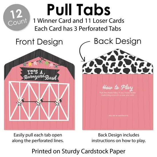 Big Dot of Happiness Girl Farm Animals - Pink Barnyard Baby Shower or Birthday Party Game Pickle Cards - Pull Tabs 3-in-a-Row - Set of 12 {6}