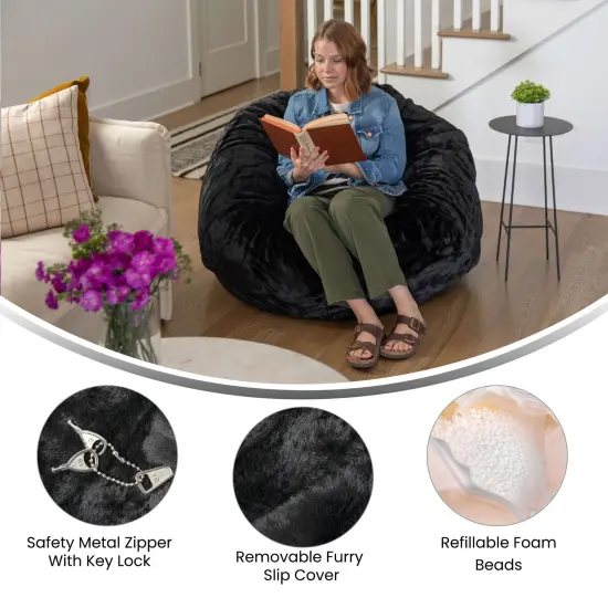 Emma and Oliver Oversized Bean Bag Chair for Kids and Adults Black Furry {2}