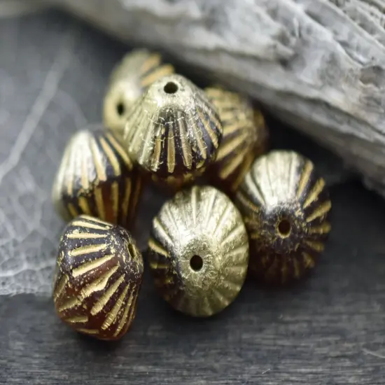 *15* 11mm Gold Washed Orange Amber Fluted Bicone Beads {2}