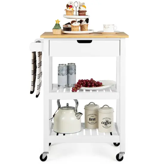 3-Tier Kitchen Island Cart Rolling Service Trolley with Bamboo Top White {4}