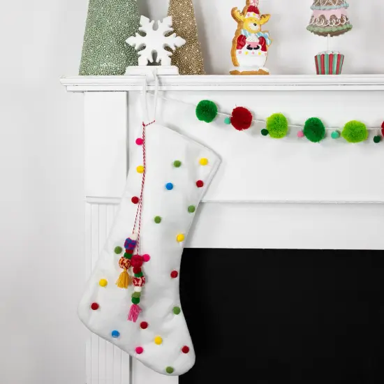 Northlight 20" White Christmas Stocking with Multicolor Pom-Poms and Tassels {4}