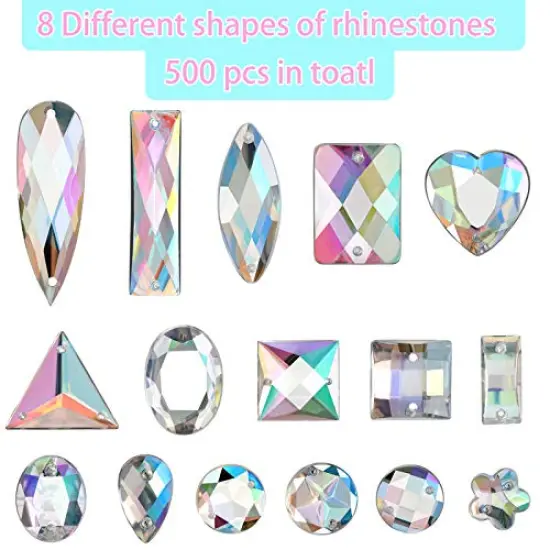 500 Pieces Sewing Gems Acrylic Sewing Crystal Mixed Shapes Sew On Rhinestones with 2 Holes for Clothes Sewing Beads Decorations (Crystal AB) {6}