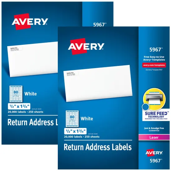 Avery Printable Return Address Labels with Sure Feed, 0.5" x 1.75", White, 2 Packs, 40,000 Blank Mailing Labels Total (21921) {1}