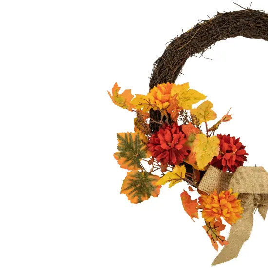 Northlight 20" Fall Foliage with Mum Flowers Artificial Thanksgiving Twig Wreath - Unlit Orange {4}