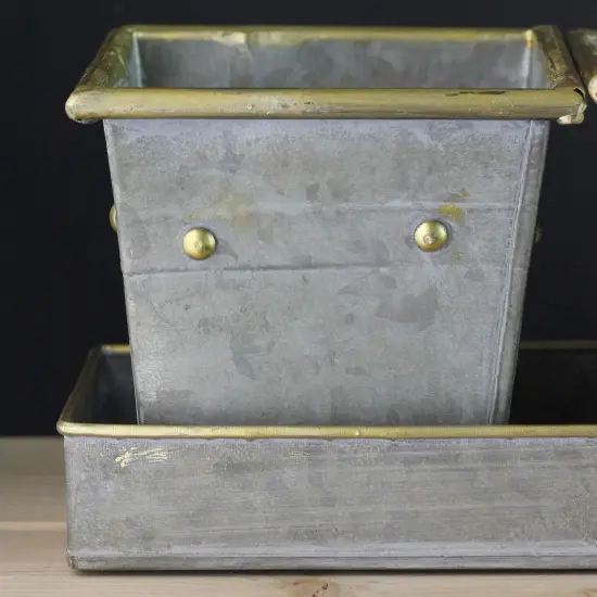 Melrose Set of 3 Decorative Gray Square Pots with Gold Colored Accents in a Tray 15.5" {4}