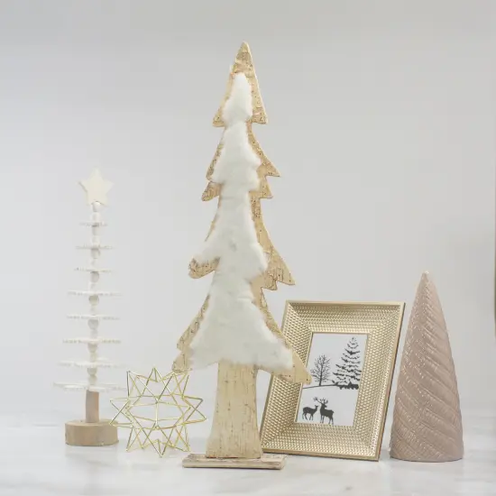 Northlight Snowy Wooden Tree Christmas Decoration - 14.5" - Beige and White Brown {3}