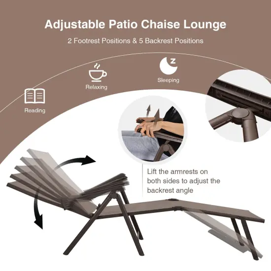 2 Pieces Foldable Chaise Lounge Chair With 2-position Footrest Brown {6}