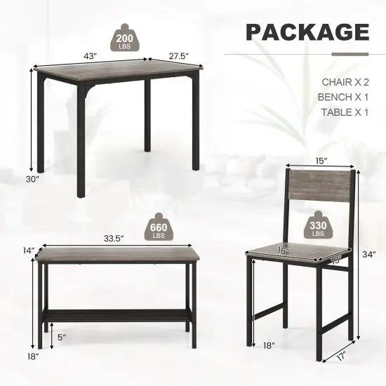 4 Pieces Rustic Dining Table Set with 2 Chairs and Bench Grey {5}