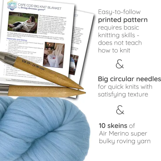 DIY Merino Wool Blanket Knitting Kit: Soft and Thick #7 Weight Jumbo Yarn, Knitting Needles and Pattern. Soft, Cozy, Great for Gifts Bluebird {2}