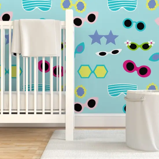 Pre-Pasted Wallpaper 2FT Wide Blue Retro Colorful Beach Groovy Pale Sunglasses Eyewear Sunny Summer Glasses Large Scale Custom Pre-pasted Wallpaper by Spoonflower {7}
