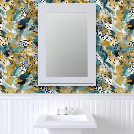 Peel & Stick Wallpaper 2FT Wide Animal Print Watercolor Jungle Nature Teal Gold Custom Removable Wallpaper by Spoonflower {6}