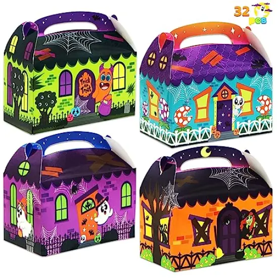 JOYIN 32 Pcs Halloween Trick or Treat Candy Boxes (5.6"x5.66"x3.5"), 3D Halloween House Cardboard Treat Boxes, Cupcake Cookie Goodie Boxs for Halloween Party Favor Supplies {1}