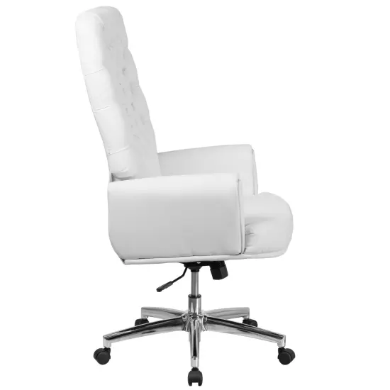 Merrick Lane Moselle High Back Button Tufted Faux Leather Swivel Home Office Chair with Welt Trimmed Arms White {5}