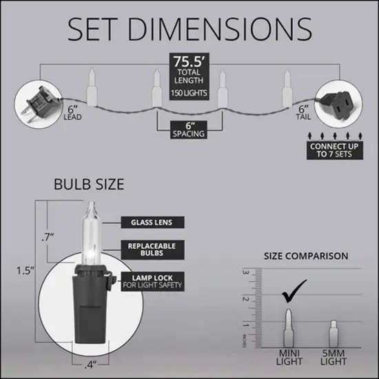 61W Commercial 150 Clear Mini Lights Lamp Lock Green Wire 6-in Spacing {3}
