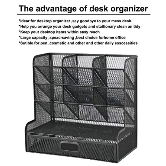 Mesh Desk/ Desktop Stationary Organizer, Multi-Functional Pen Holder, Storage Rack for School Home Office Art Supplies (Black Mesh Pen Holder with Drawer) {5}