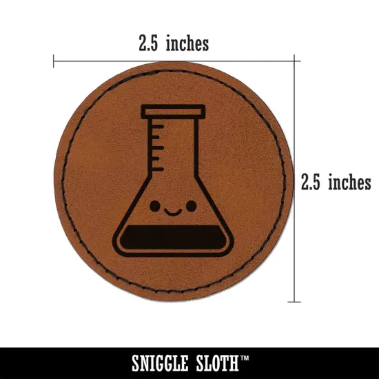 Kawaii Beaker Science Teacher School Round Iron-On Engraved Faux Leather Patch Applique - 2.5" Brown {3}
