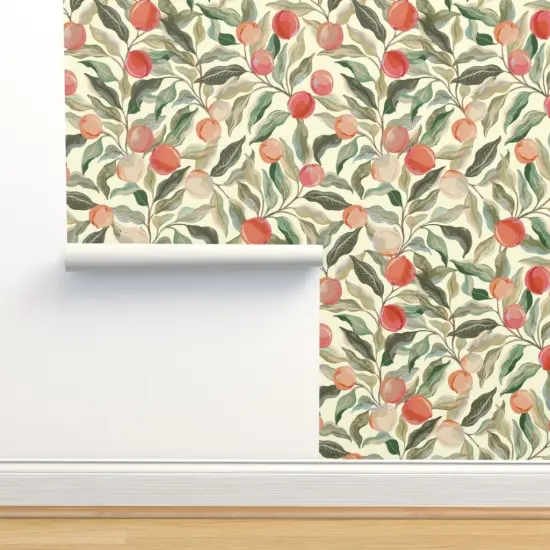 Peel & Stick Wallpaper 2FT Wide Peaches Fruit Leaves Botanical Floral Food Sage Green Peach Custom Removable Wallpaper by Spoonflower {2}