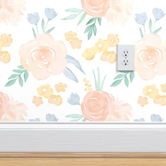 Peel & Stick Wallpaper 2FT Wide Watercolor Floral Pink Yellow Roses Flowers Medium Scale Custom Removable Wallpaper by Spoonflower {4}