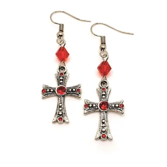 Red Rhinestone Gothic Cross Earrings {1}