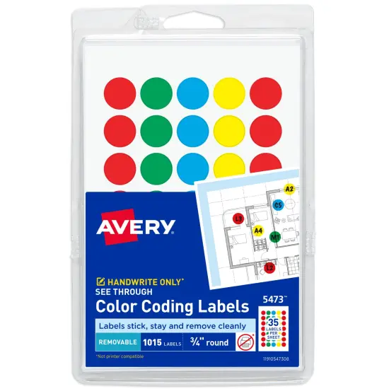 Avery See-Through Color-Coding Removable Labels, 3/4 Inch Round Labels, Assorted Translucent Colors, Non-Printable, 1,015 Dot Stickers Total (5473) {1}