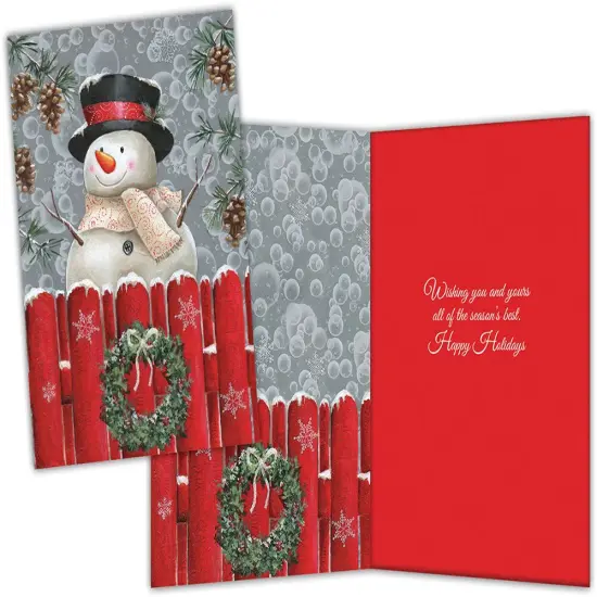 Snowman at Fence - Special Finish Boxed Christmas Cards {2}