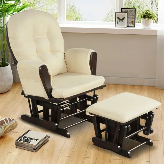 Solid Wood Gliding Chair Set with Pockets and Ottoman for Relaxing Beige {6}