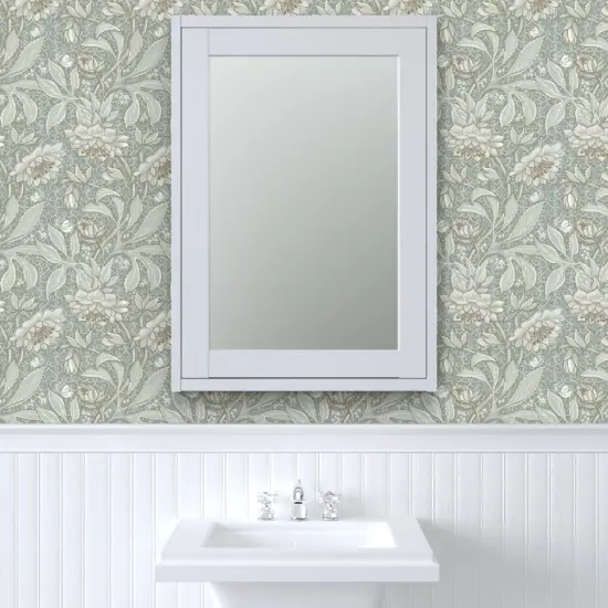 Pre-Pasted Wallpaper 2FT Wide Pale Green Antique Victorian Sage Hellebore Arts And Crafts Floral Neutral Art Nouveau Large Scale Damask Botanical Custom Pre-pasted Wallpaper by Spoonflower {6}