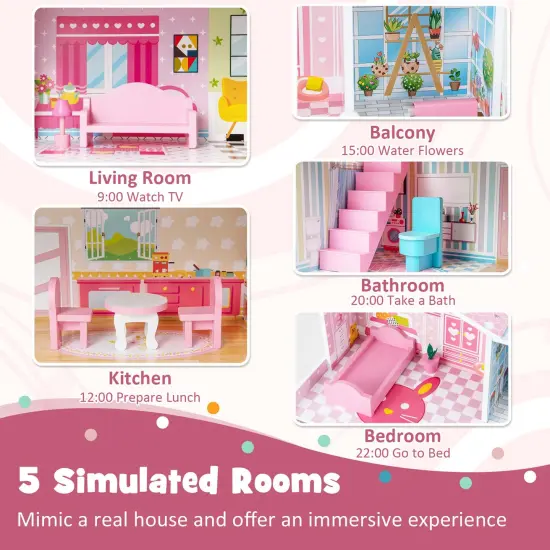 Costway Kids Wooden Dollhouse Playset with 5 Simulated Rooms & 10 Pieces of Furniture {6}