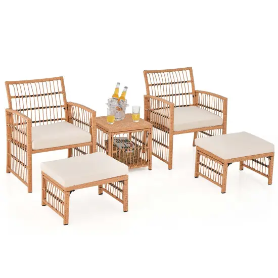 Costway 5 Piece Patio Rattan Wicker Conversation Set with 2-Tier Coffee Table & 2 Ottomans {2}