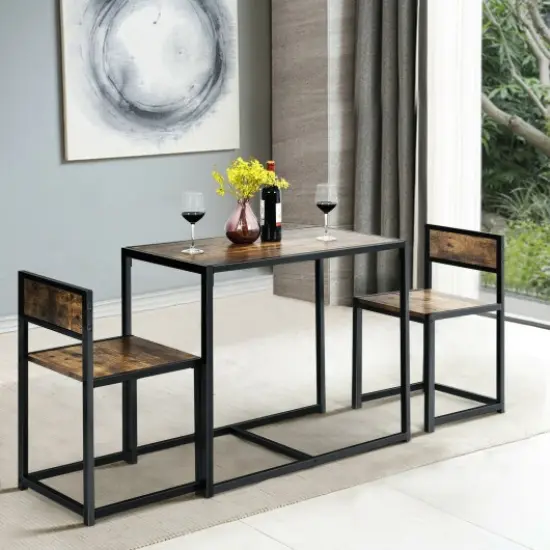 3 Pcs Dining Set Compact Table and 2 Chair with Metal Frame for for Small Space-Coffee {1}