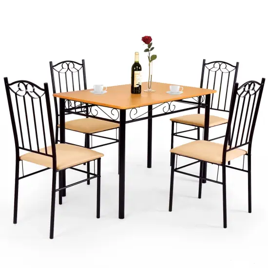 5 Pieces Dining Set Wooden Table and 4 Cushioned Chairs Set with Steel Tube {1}