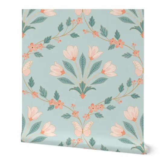 Peel & Stick Wallpaper 2FT Wide Floral Damask Butterflies Spring Flowers Symmetrical Tulips Leaves Botanical Custom Removable Wallpaper by Spoonflower {7}