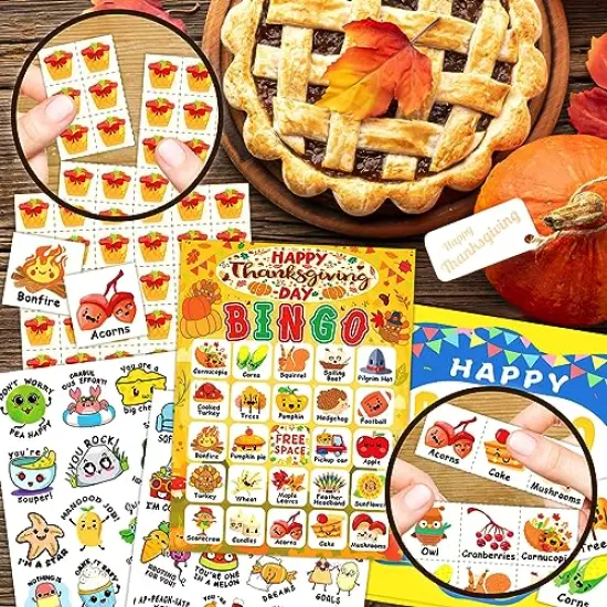 24 Players Thanksgiving Bingo Cards, Thanksgiving Bingo Game for Kids with Punny Stickers Fall Festival Bingo Sets Classroom Family Party Game Holiday Activities {6}