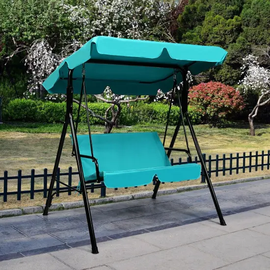 Loveseat Cushioned Patio Steel Frame Swing Glider Blue {3}