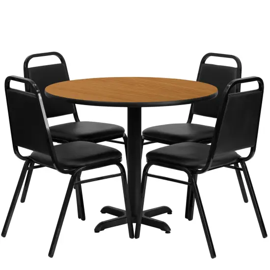 Emma and Oliver 36" Round Laminate X-Base Table Set with 4 Banquet Chairs NaturalTop/BlackVYL {1}