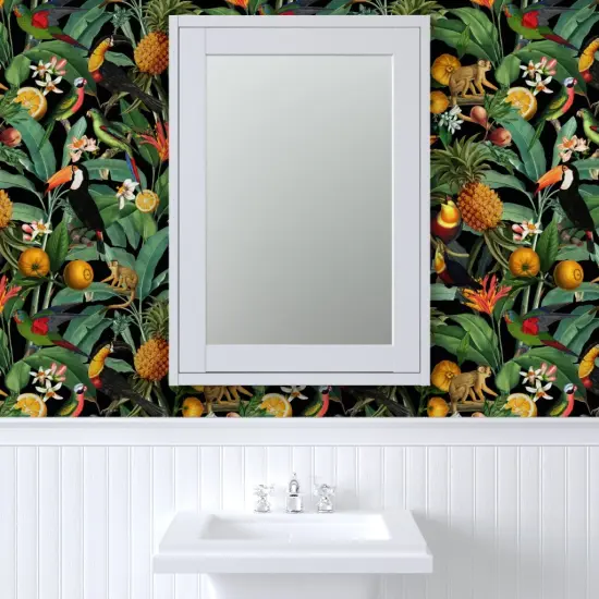 Pre-Pasted Wallpaper 2FT Wide Nature Botanical Tropical Toucans Monkeys Parrots Custom Pre-pasted Wallpaper by Spoonflower {6}