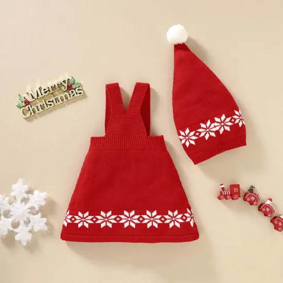 Baby Geometric Print Pattern Strap Design Dress & Christmas Hat Sets {2}