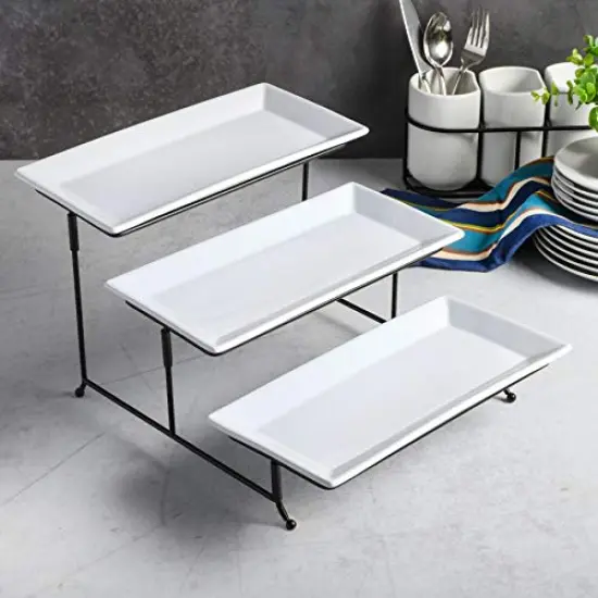 Gracious Dining Dinnerware, 3-Tier Rectangle Plate Set with Metal Stand, White {1}