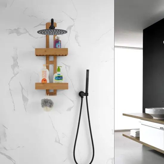 Bathroom Multi-function Natural Bamboo Storage Rack Over Shower Head Organizer, Shower Ball, Shampoo, Conditioner, Soap Holder {2}