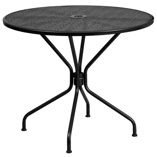 Emma and Oliver Commercial Grade 35.25" Round Metal Garden Patio Table Set, 4 Square Back Chairs Black {3}