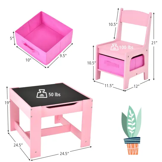 Kids Table Chairs Set With Storage Boxes Blackboard Whiteboard Drawing Pink {4}