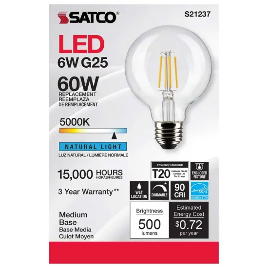 6Pk - Satco 6w G25 Globe Filament LED 5000K Medium Base Dimmable - 60w equiv Natural Light {4}