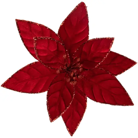 Northlight Glittered Poinsettia Christmas Floral Pick Clip-On Ornament - 10" - Red {1}