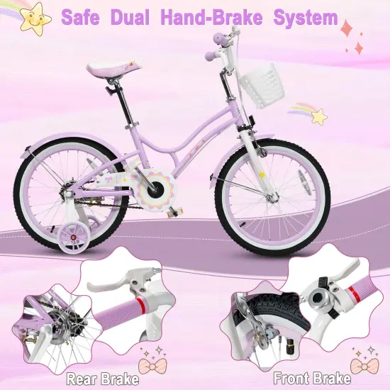 Babyjoy 18 Inch Kid Bike 95% Pre-Assembled Girls Bicycle with Training Wheels & Basket Age 6-9 Years Old Pink/Purple {4}
